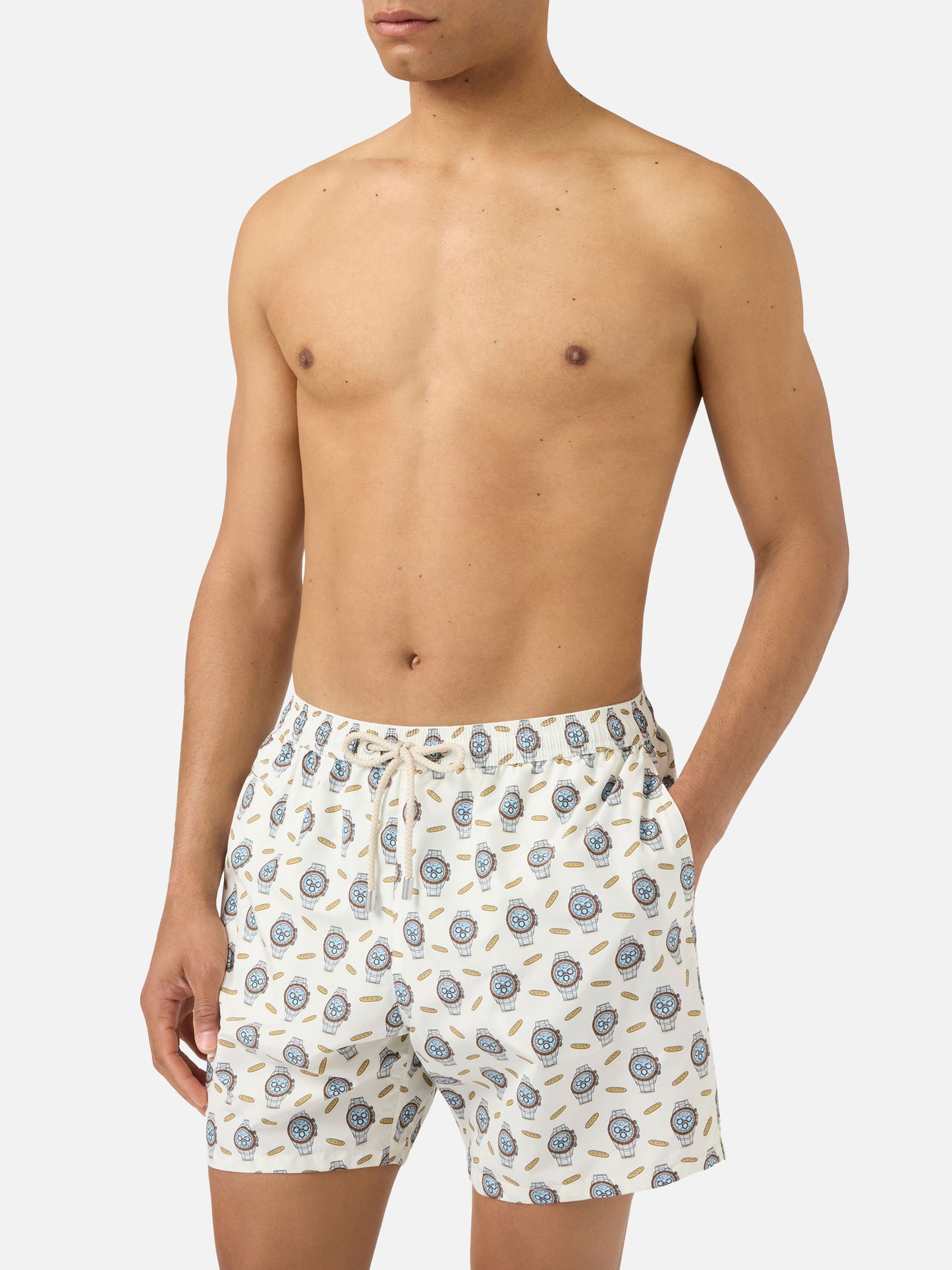 White Lighting Micro swim shorts with watches and baguettes print