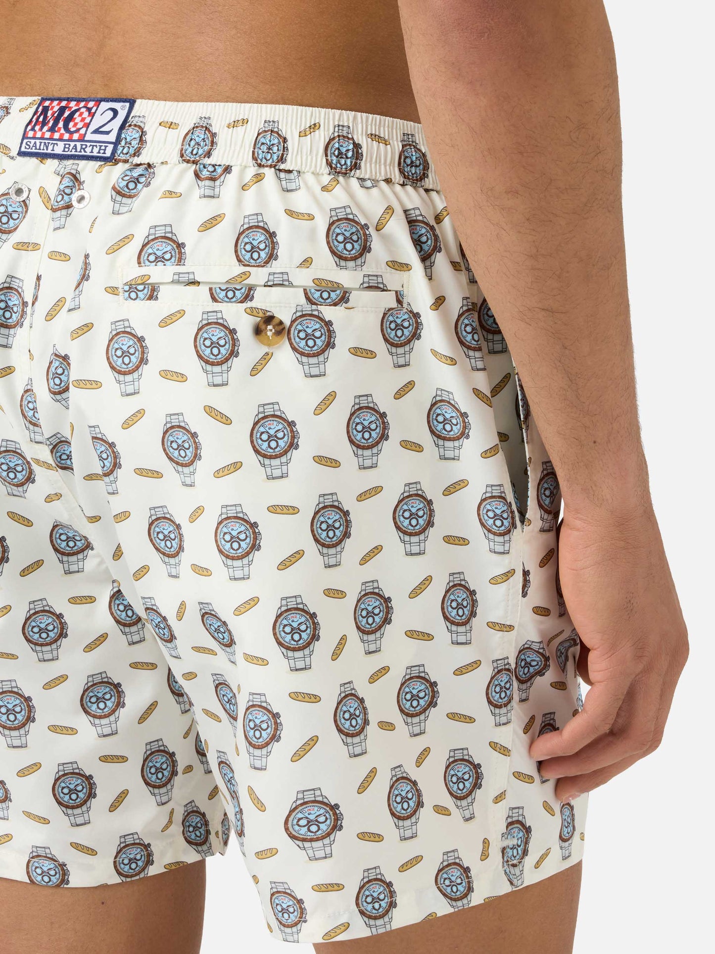 White Lighting Micro swim shorts with watches and baguettes print