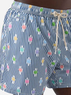 Costume mare Lighting Micro navy a righe con stampa orologi all-over