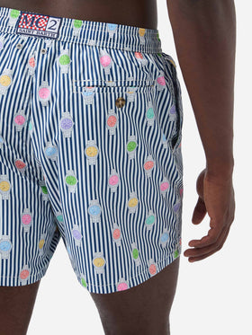 Costume mare Lighting Micro navy a righe con stampa orologi all-over