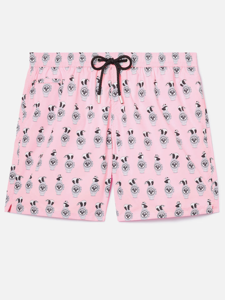Costume mare Lighting Micro rosa con stampa panda e orologi all-over