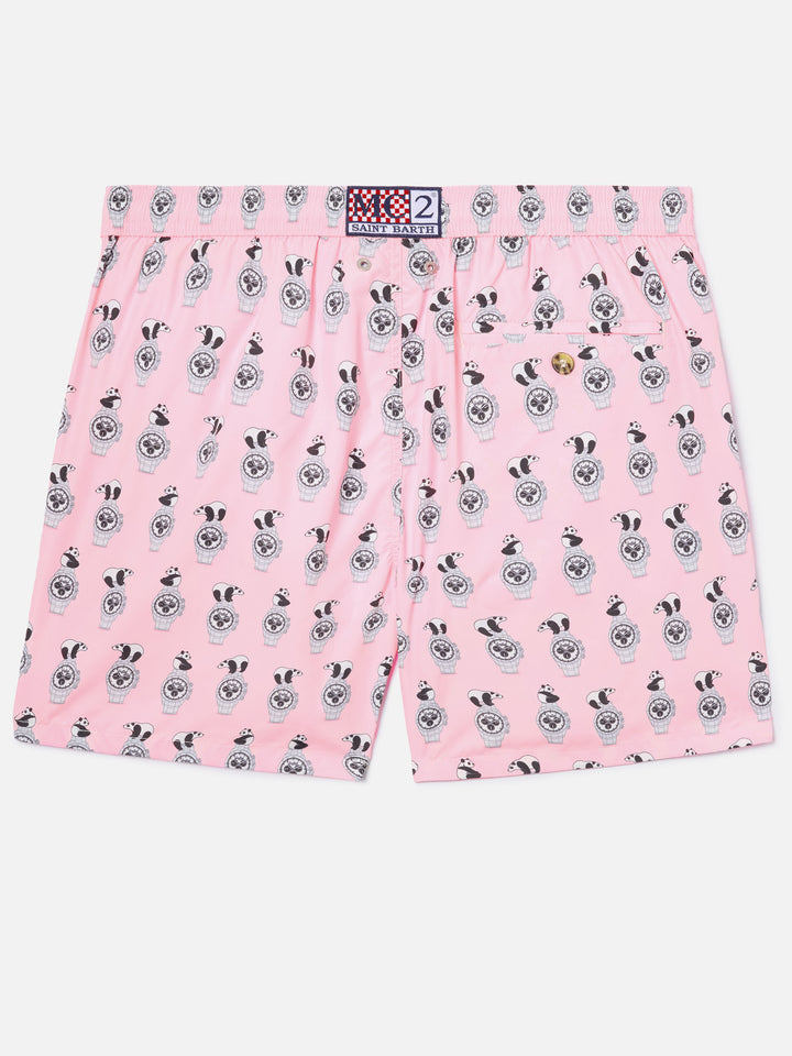 Costume mare Lighting Micro rosa con stampa panda e orologi all-over