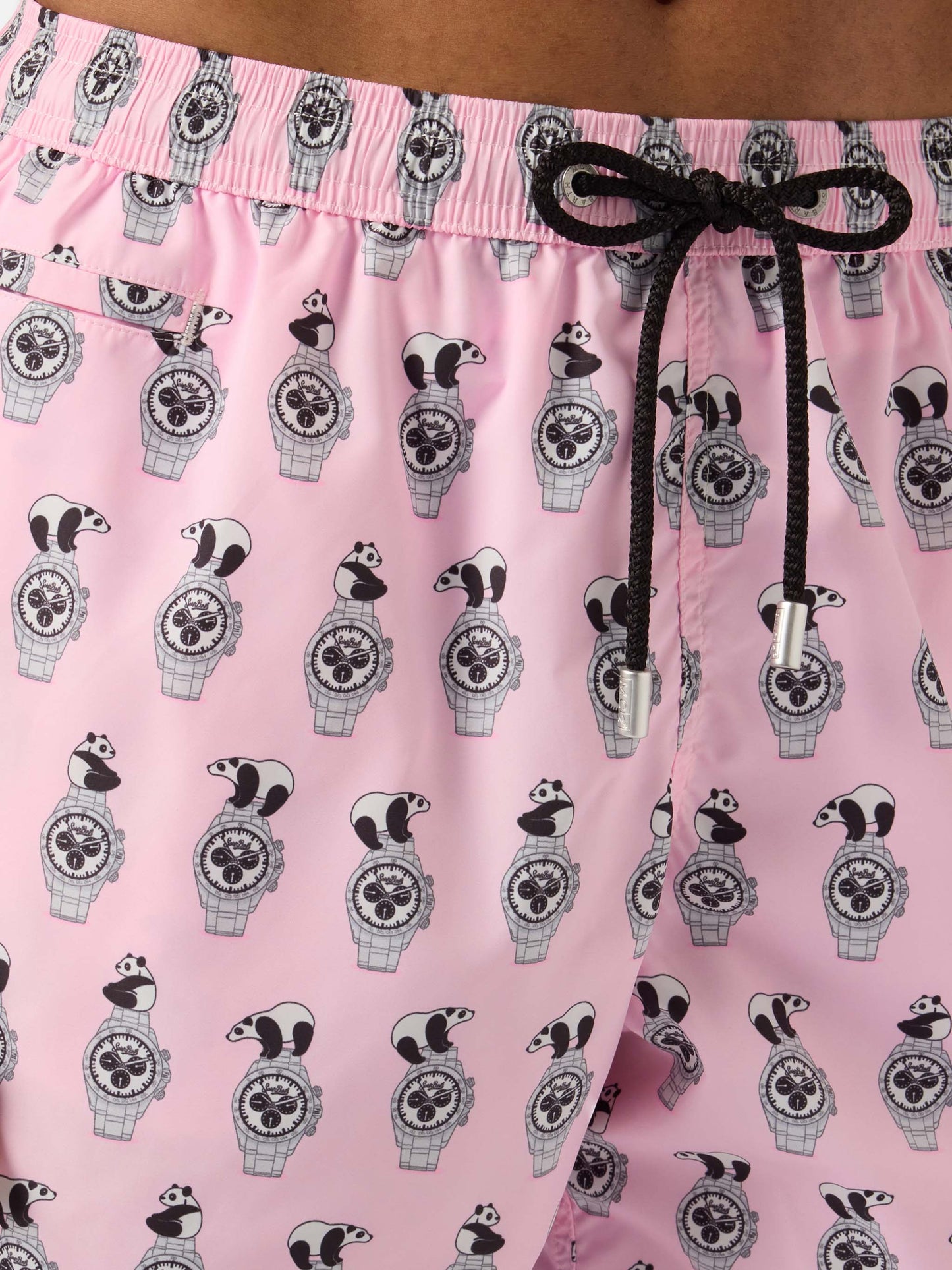 Pink Lighting Micro swim shorts with panda and watches all-over print