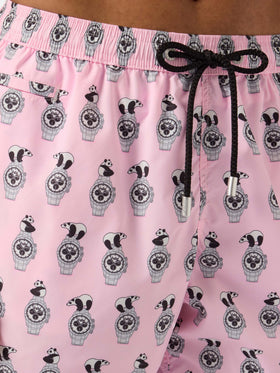 Pink Lighting Micro swim shorts with panda and watches all-over print