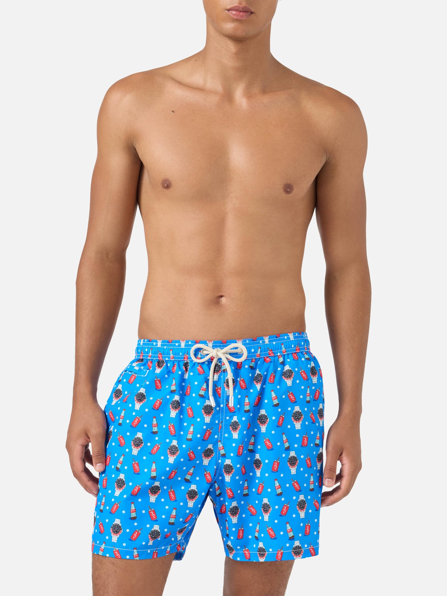 Blaue Lighting Micro-Badeshorts mit Watch Red Cola-Print 