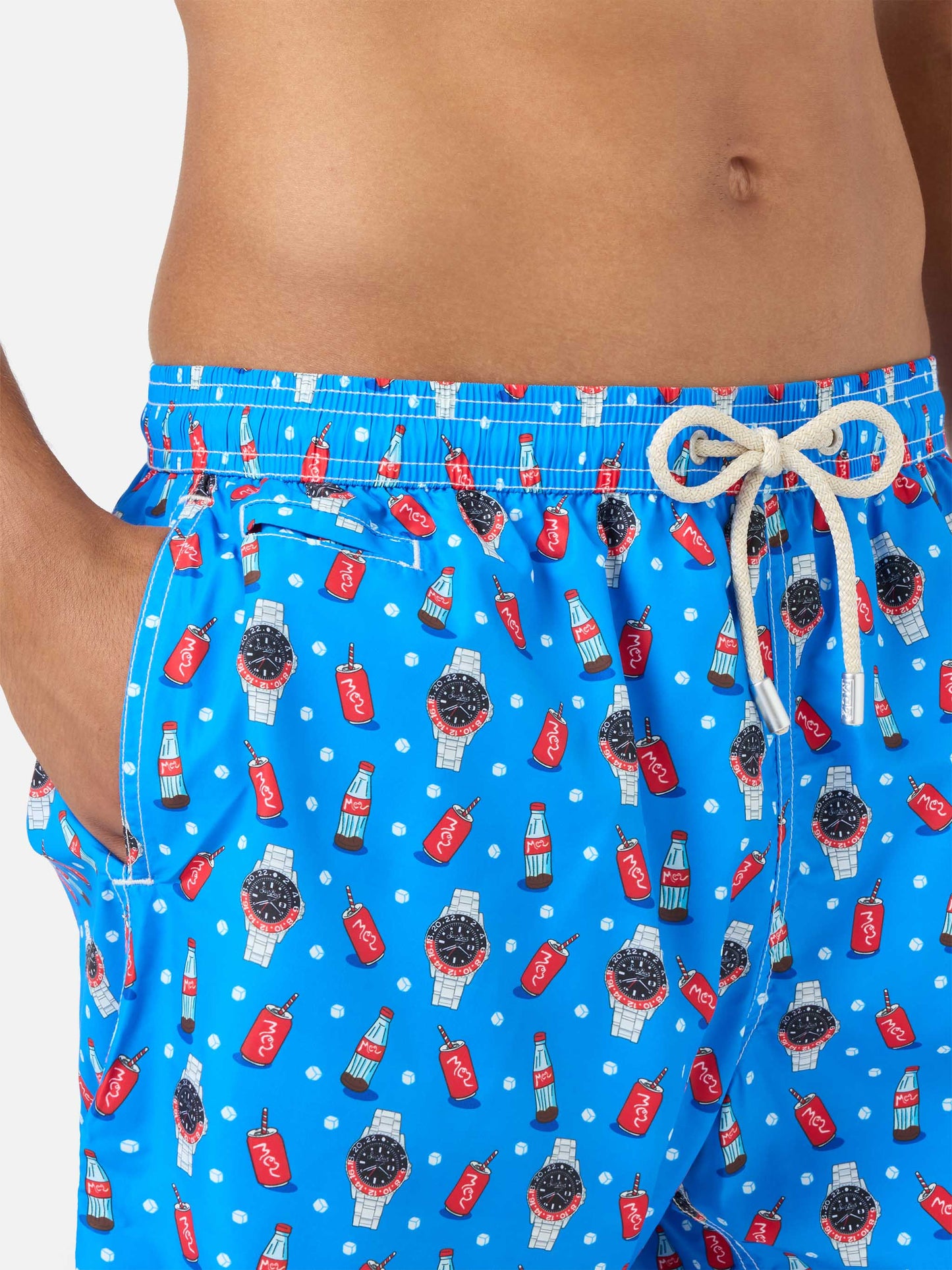 Blaue Lighting Micro-Badeshorts mit Watch Red Cola-Print 