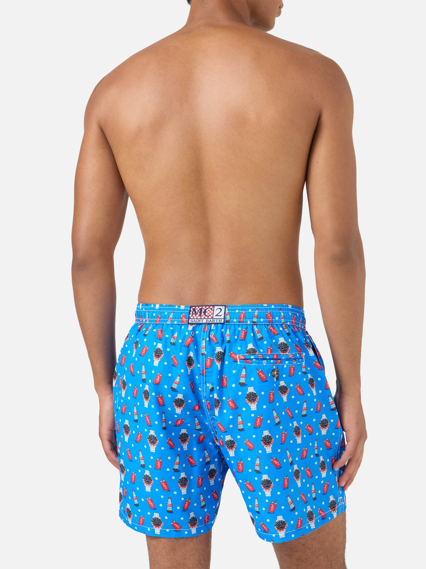 Blaue Lighting Micro-Badeshorts mit Watch Red Cola-Print 