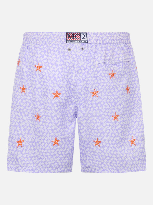 Man lightweight fabric swim-shorts Lighting with seastars embroidery