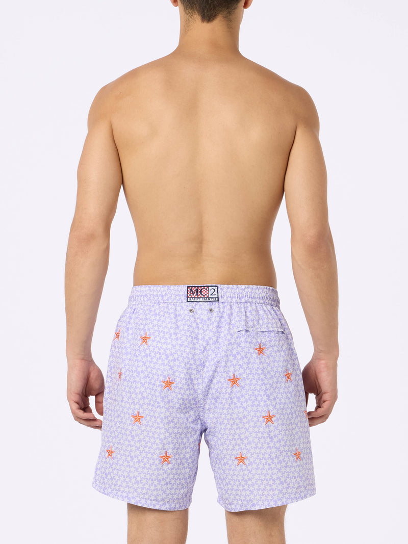 Man lightweight fabric swim-shorts Lighting with seastars embroidery