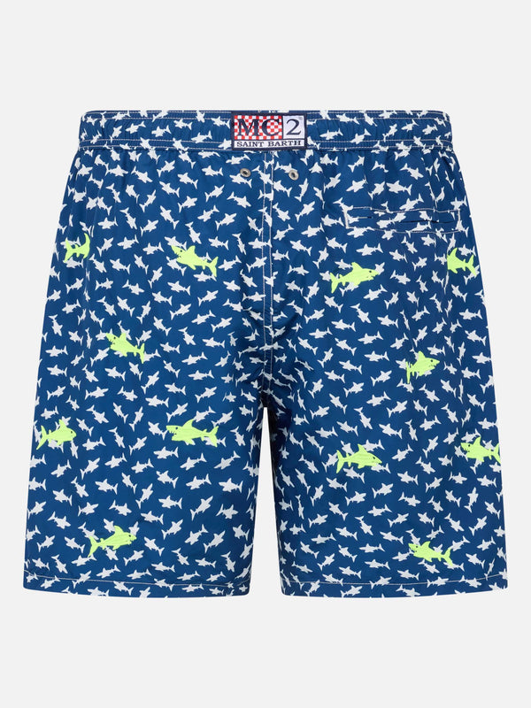 Man lightweight fabric swim-shorts Lighting with sharks embroidery
