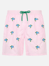 Man lightweight fabric swim-shorts Lighting with sea turtles embroidery