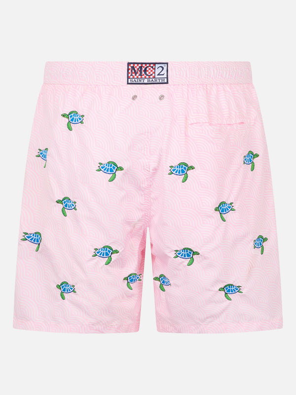 Man lightweight fabric swim-shorts Lighting with sea turtles embroidery