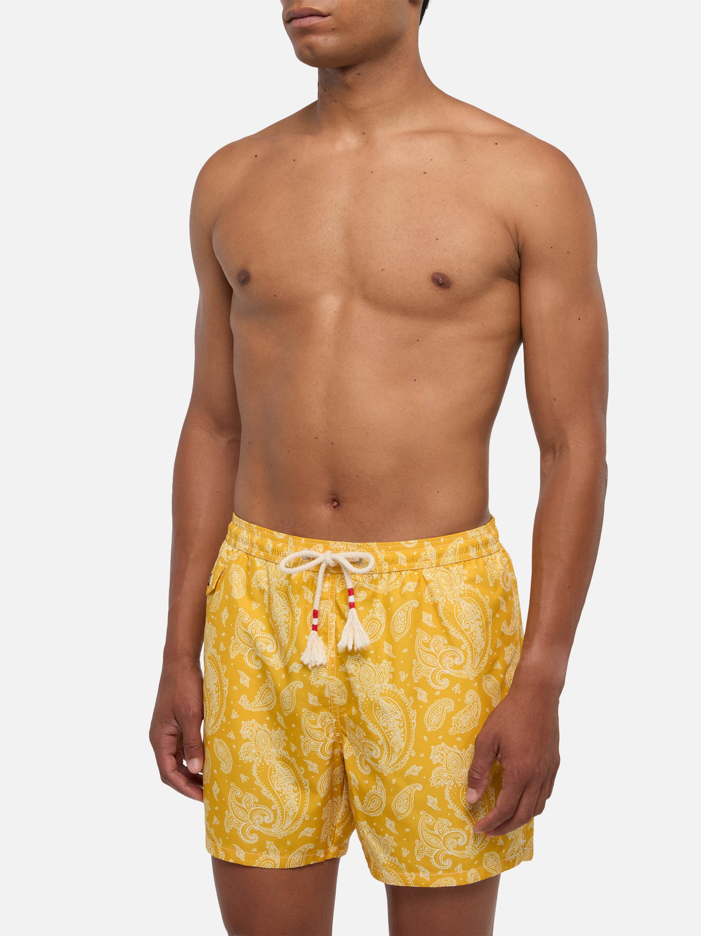 Man light fabric swim shorts with ochre paisley print