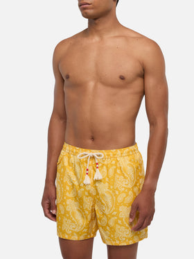 Man light fabric swim shorts with ochre paisley print