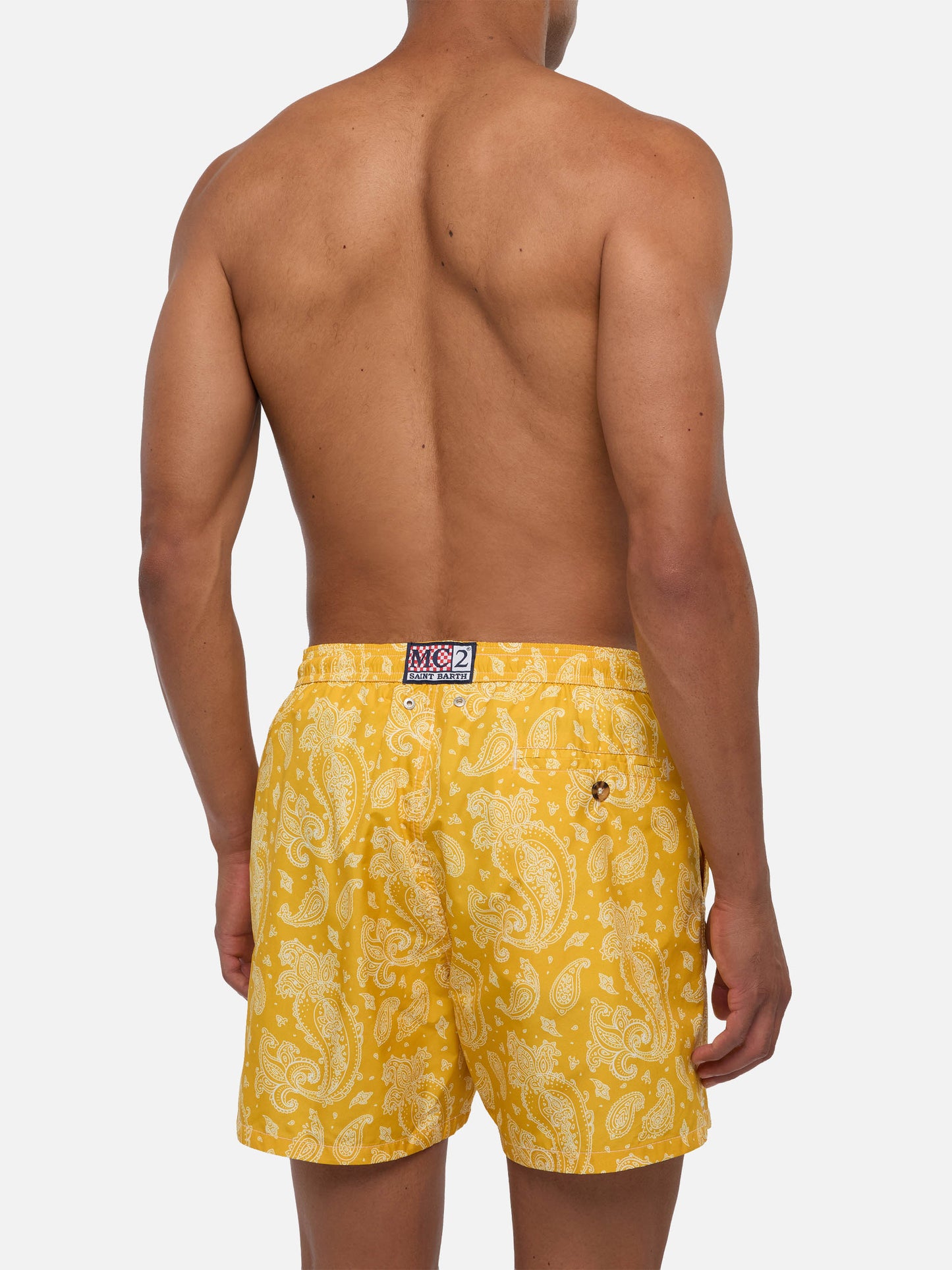 Man light fabric swim shorts with ochre paisley print