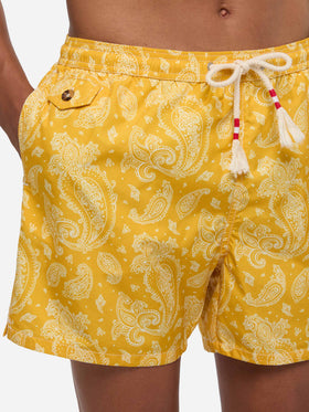 Man light fabric swim shorts with ochre paisley print