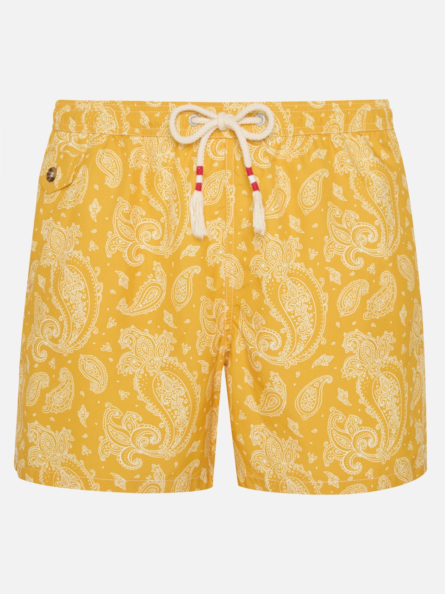 Man light fabric swim shorts with ochre paisley print