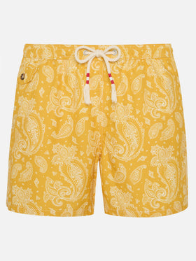 Man light fabric swim shorts with ochre paisley print