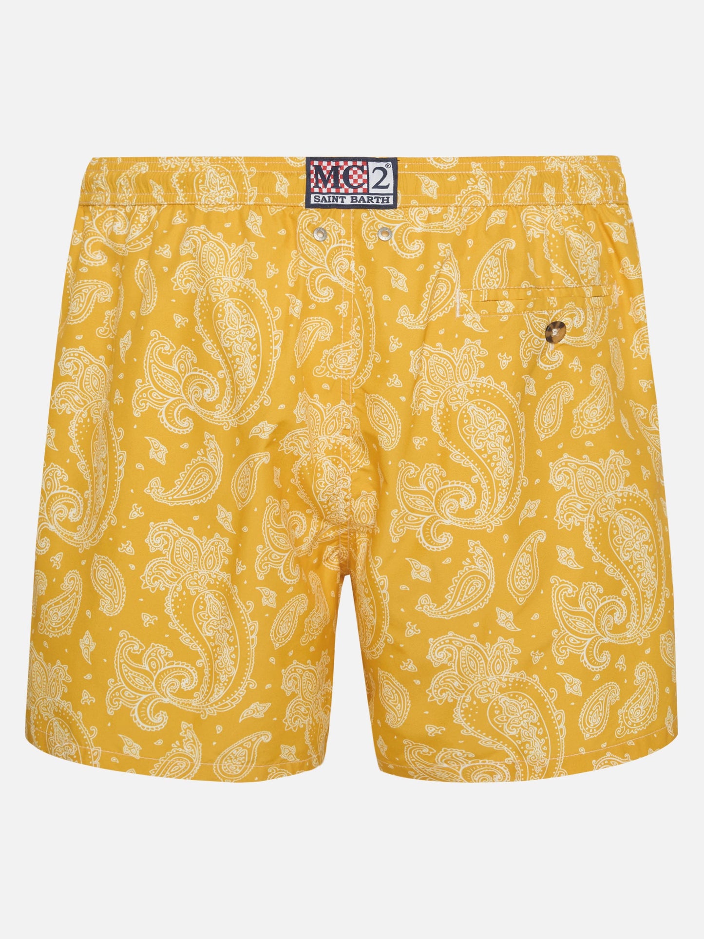 Man light fabric swim shorts with ochre paisley print