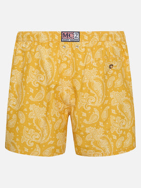 Man light fabric swim shorts with ochre paisley print