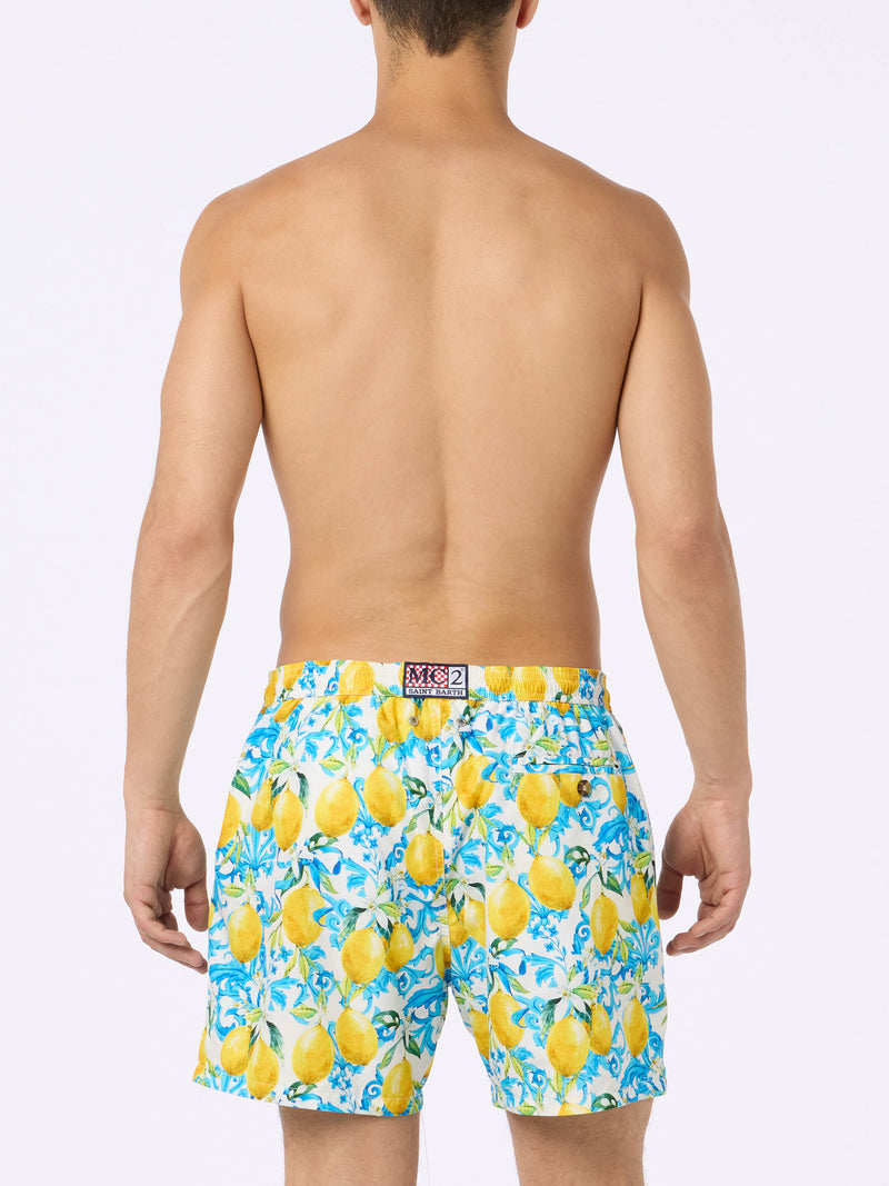 Man lightweight fabric swim-shorts Lighting 70 with majolica print