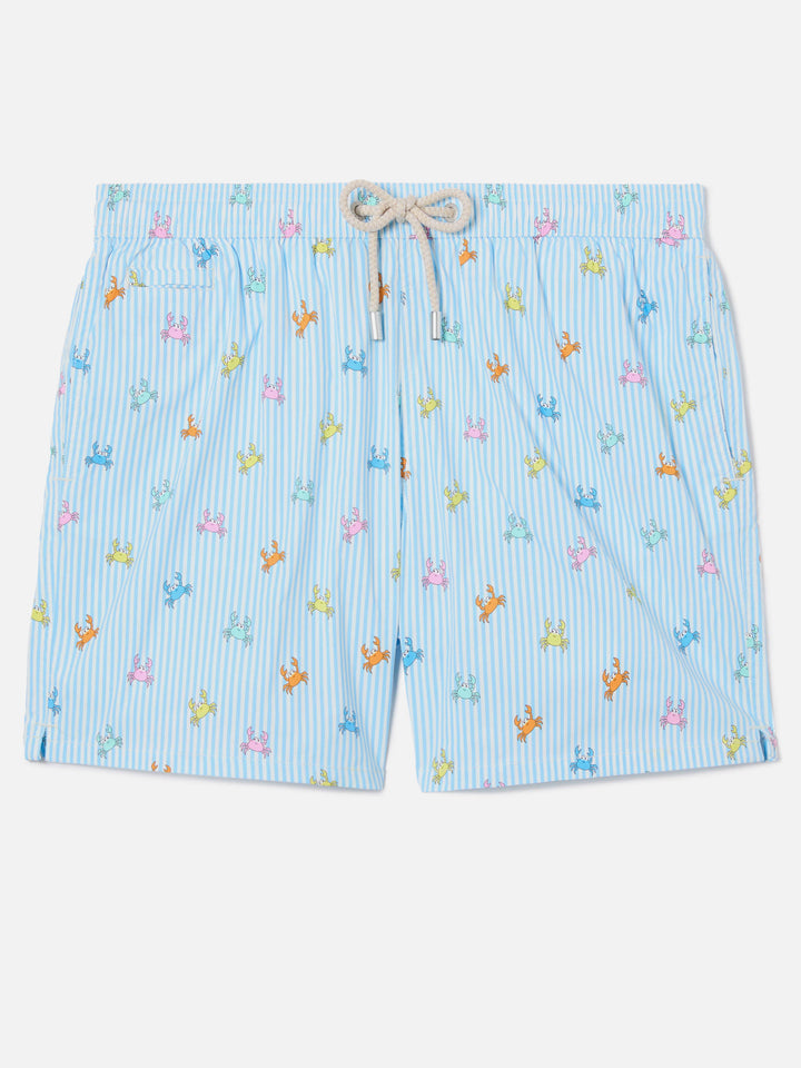 Light blue striped Lighting Micro swim shorts with all-over crab print