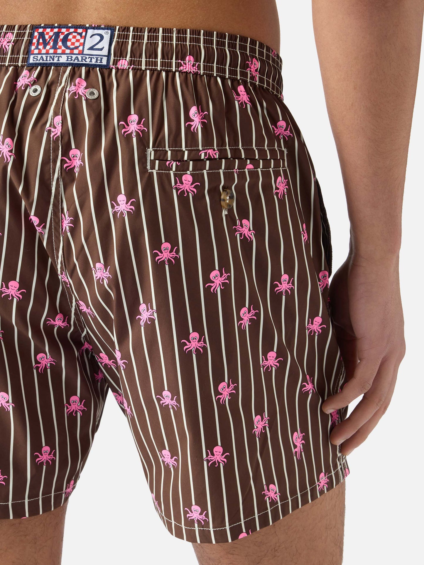 Brown striped Lighting Micro swim shorts with all-over octopus print