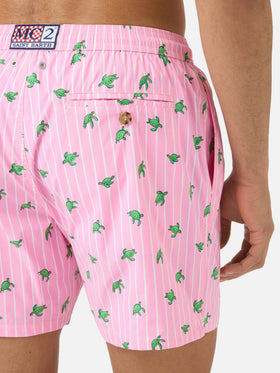 Pink striped Lighting Micro swim shorts with all-over turtle print
