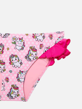 Mädchen-Bandeau-Bikini mit Rüschen und Einhorn-Print