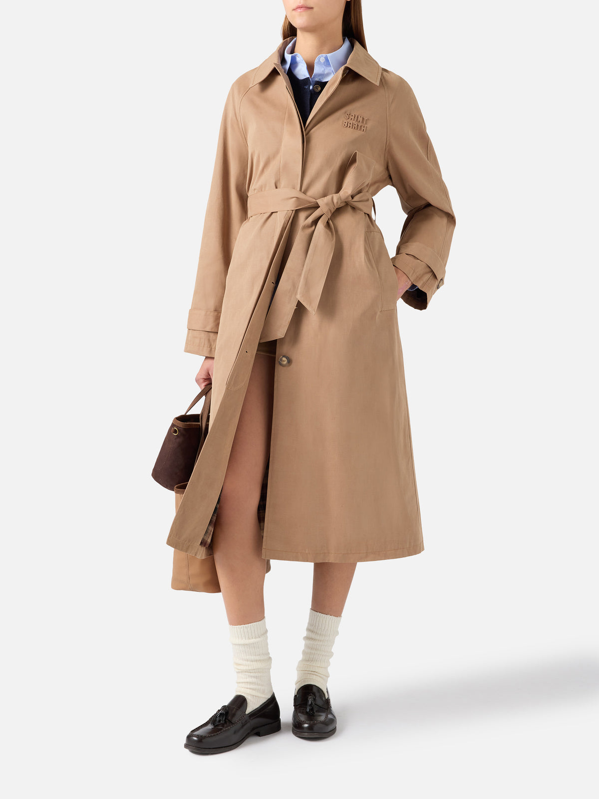 Beige Lior cotton blend waxed coat with tartan lining