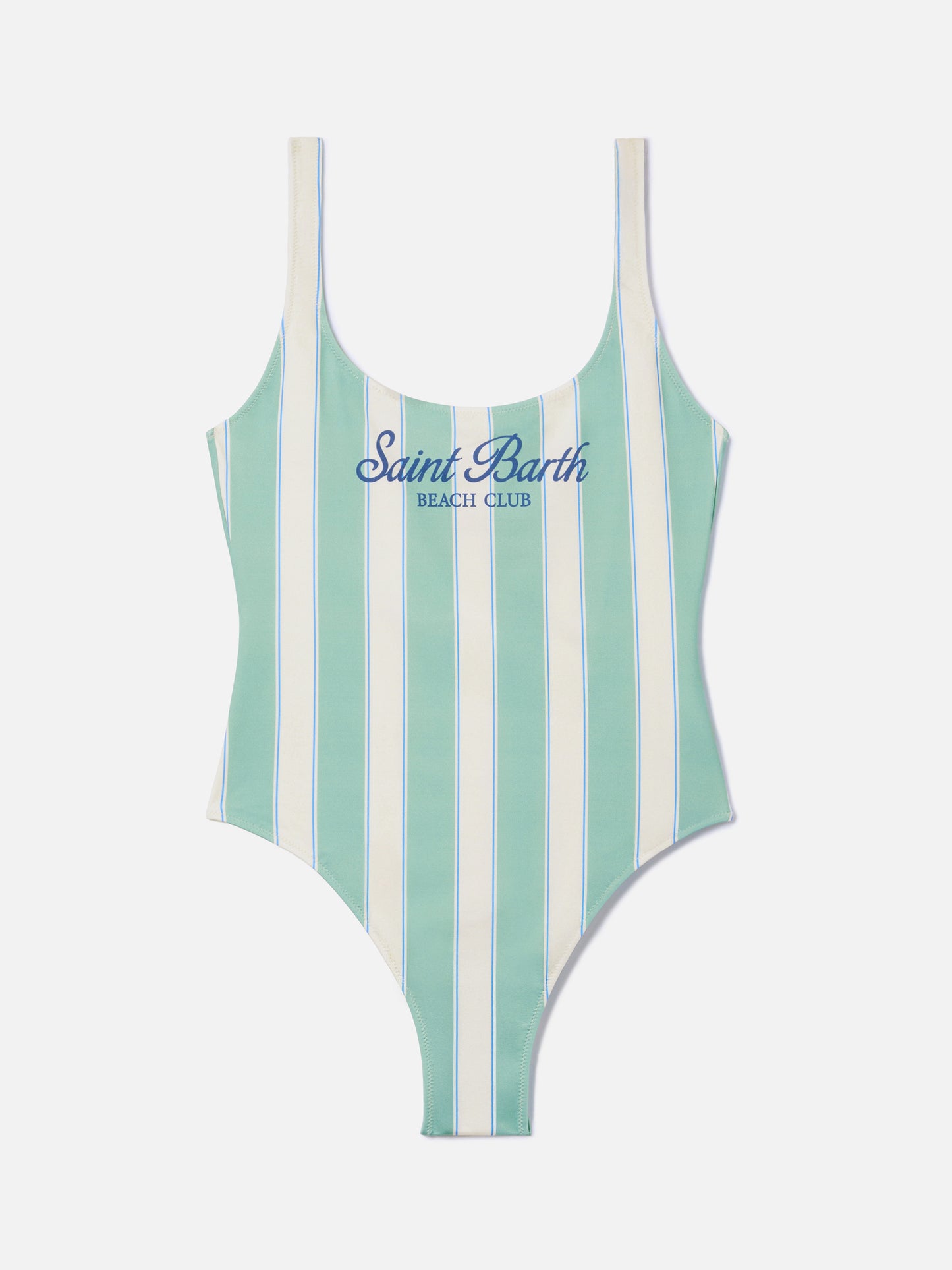 Costume intero Lora a righe verde salvia e panna con stampa Beach Club