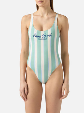 Costume intero Lora a righe verde salvia e panna con stampa Beach Club