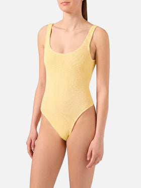 Lora one-piece swimsuit in butter yellow crinkle fabric