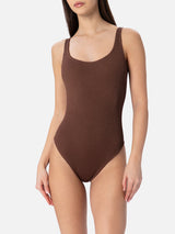 Woman brown crinkle one piece swimsuit Lora