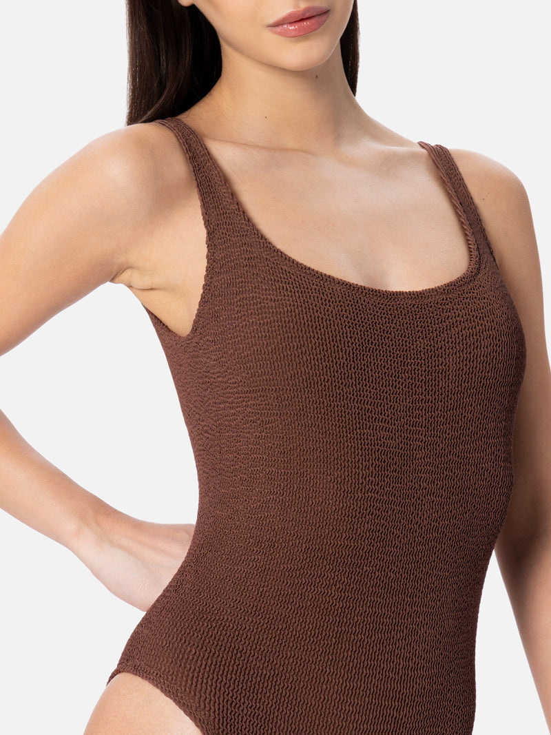 Woman brown crinkle one piece swimsuit Lora