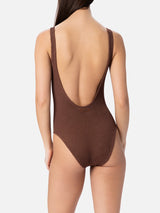 Woman brown crinkle one piece swimsuit Lora