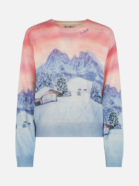 Woman cashmere blend sweater Louise with chalet sunset print - MC2 Saint Barth