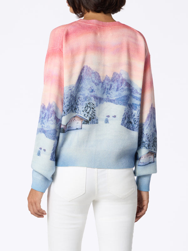 Woman blend cashmere sweater Louise with chalet sunset print