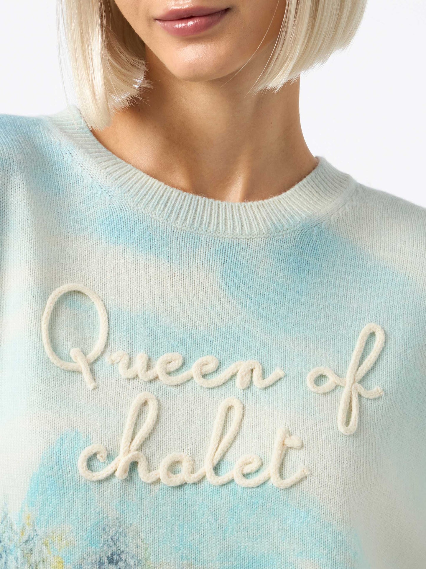 Woman cashmere blend sweater Louise with chalet print and Queen of Chalet embroidery - MC2 Saint Barth
