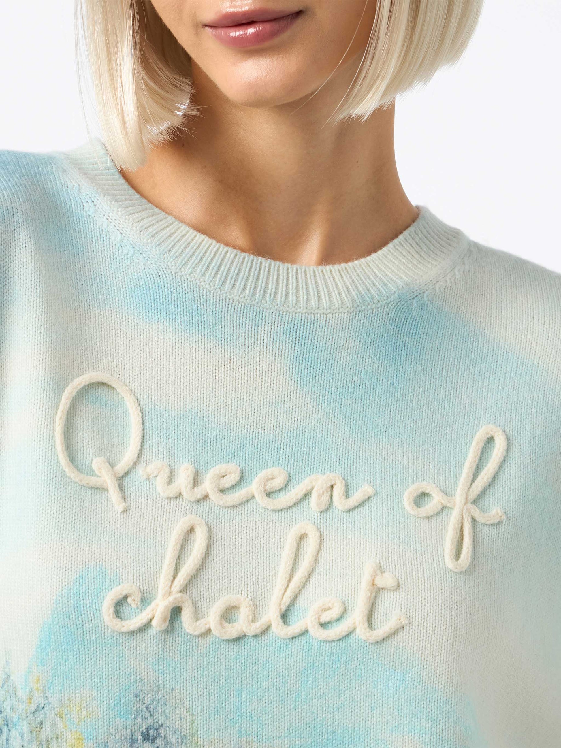 Woman cashmere blend sweater Louise with chalet print and Queen of Chalet embroidery - MC2 Saint Barth