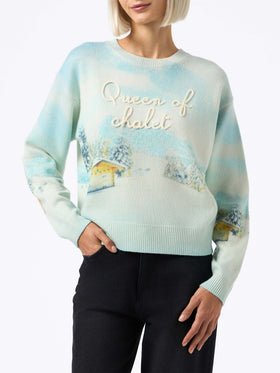 Woman cashmere blend sweater Louise with chalet print and Queen of Chalet embroidery - MC2 Saint Barth