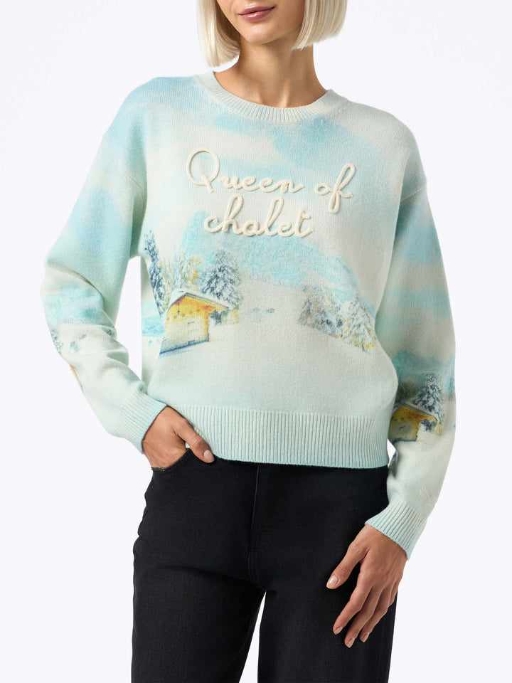 Woman cashmere blend sweater Louise with chalet print and Queen of Chalet embroidery - MC2 Saint Barth