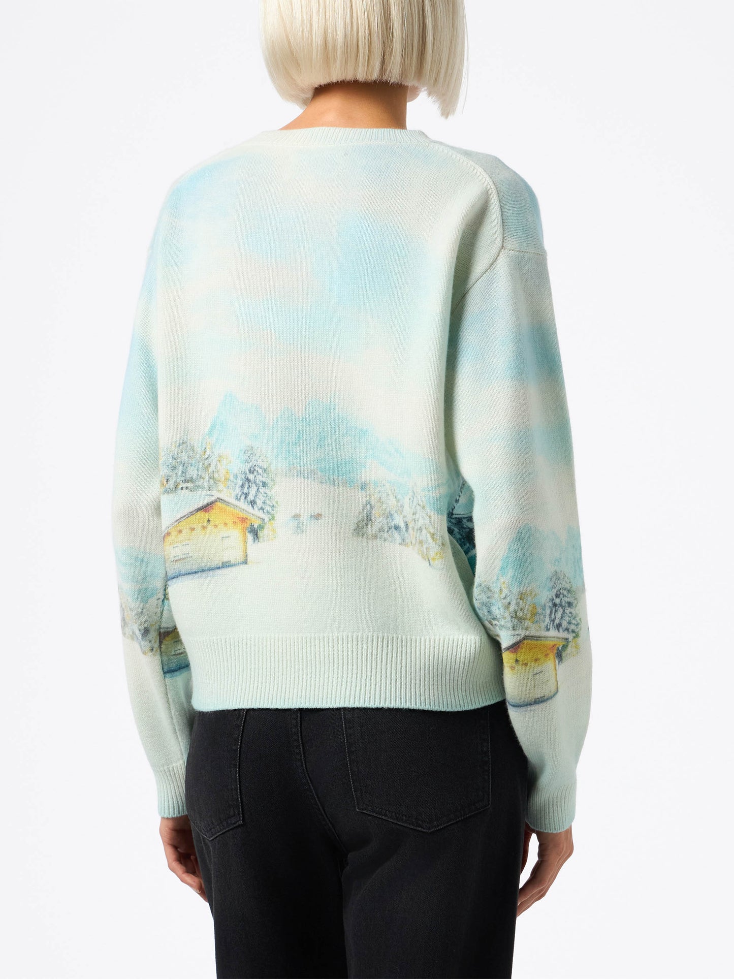 Woman cashmere blend sweater Louise with chalet print and Queen of Chalet embroidery - MC2 Saint Barth