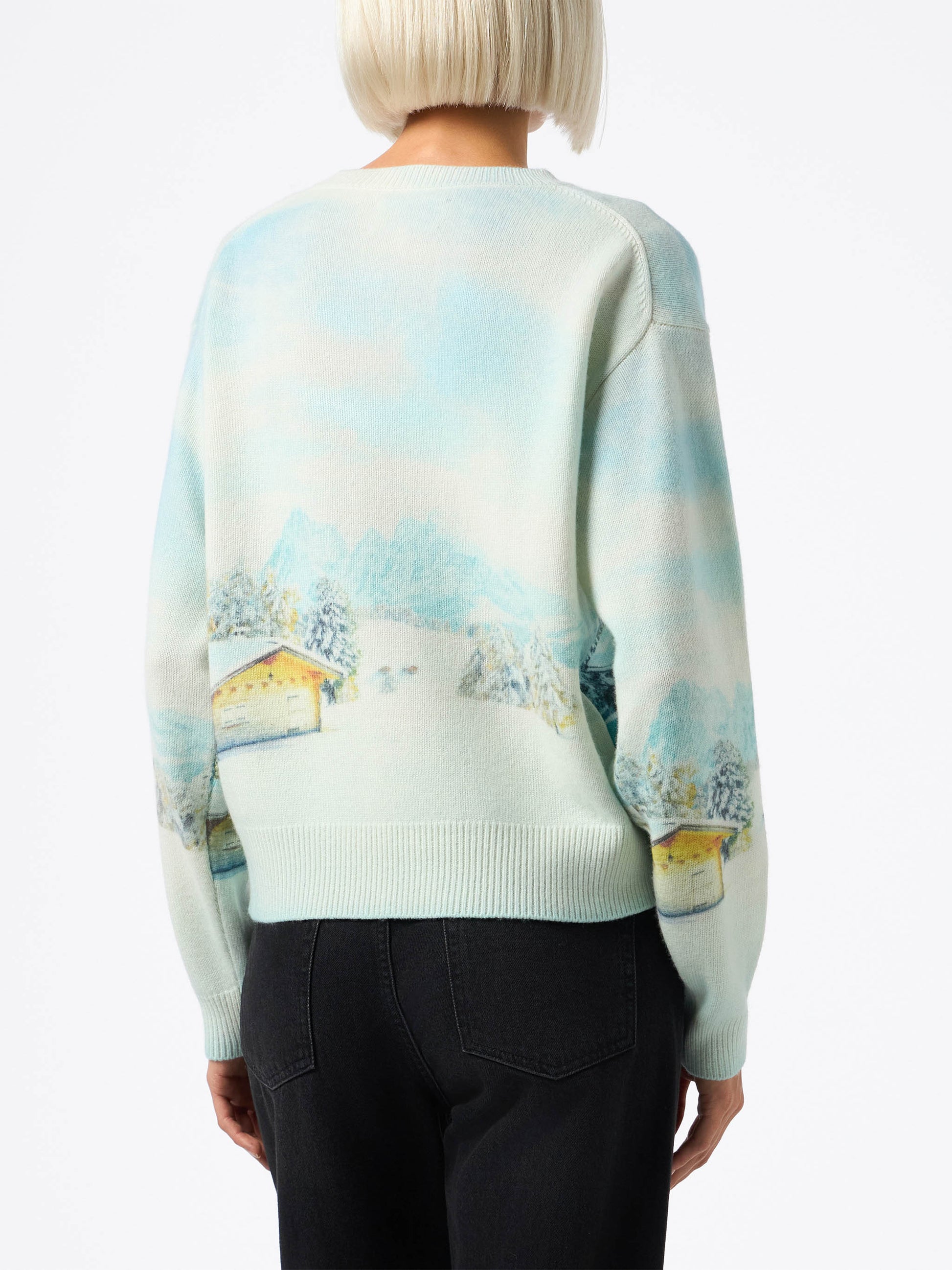 Woman cashmere blend sweater Louise with chalet print and Queen of Chalet embroidery - MC2 Saint Barth