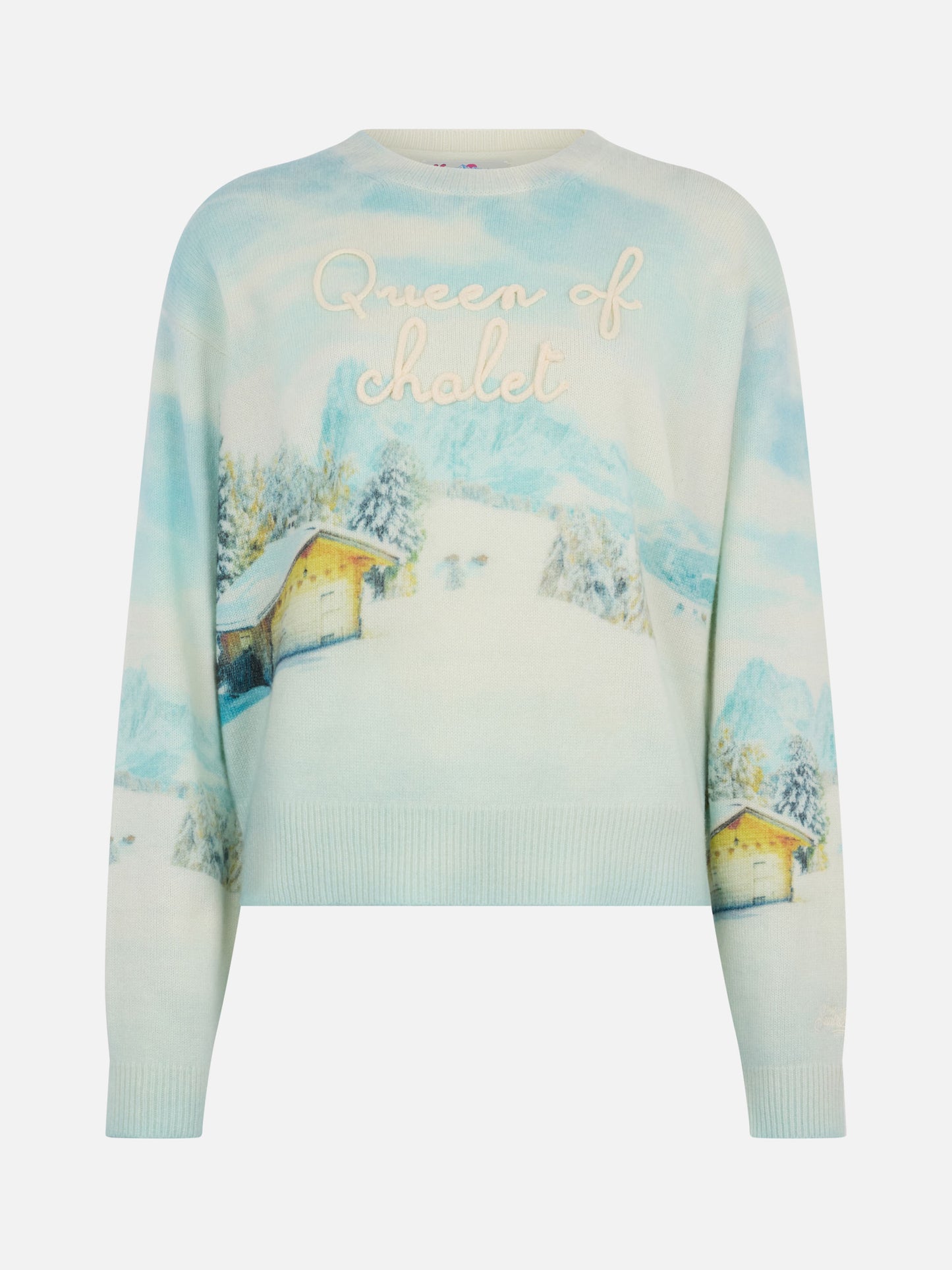 Woman cashmere blend sweater Louise with chalet print and Queen of Chalet embroidery - MC2 Saint Barth