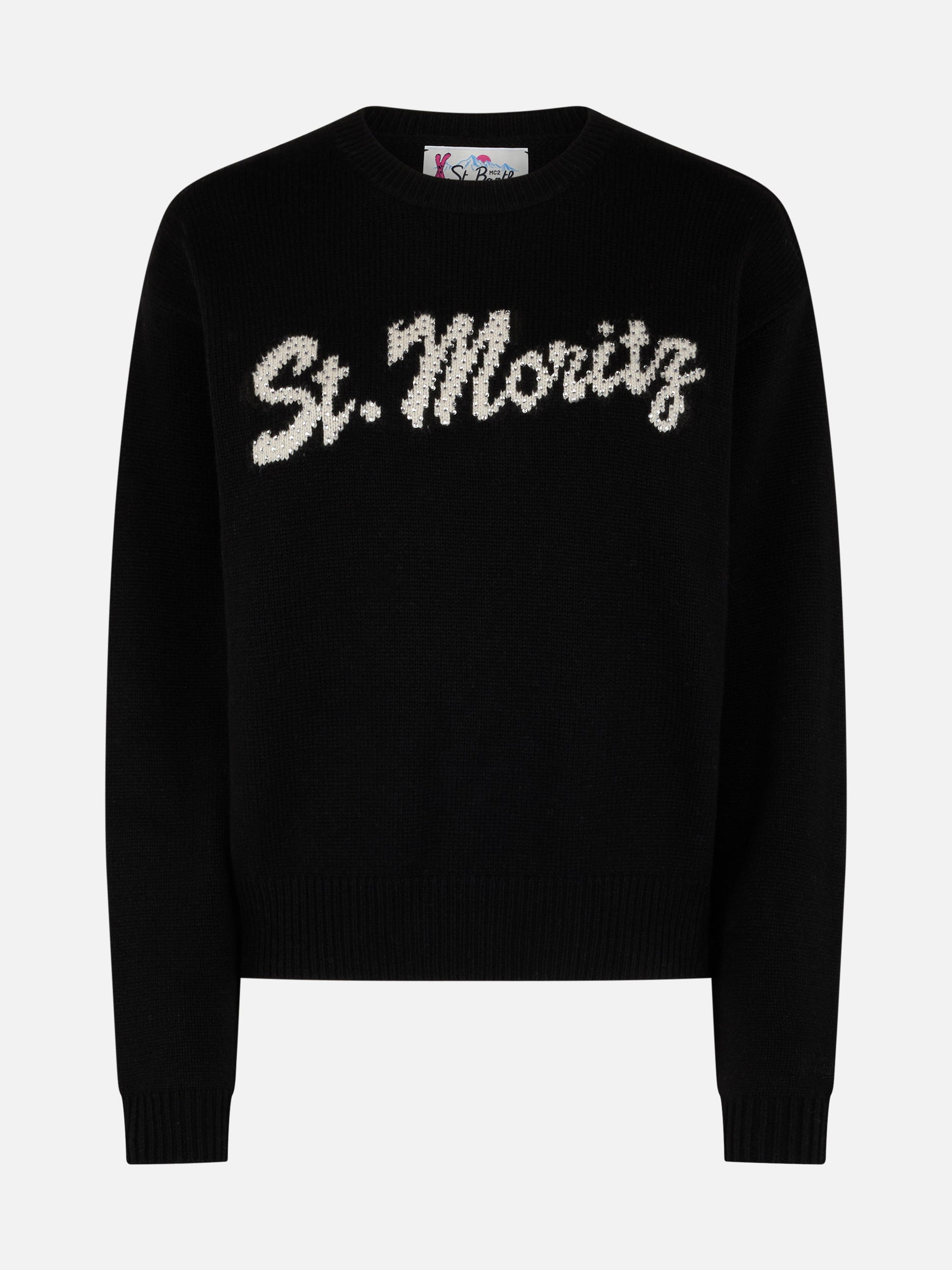 Woman black sweater Louise with St. Moritz rhinestones embellishment | ST. MORITZ TOP OF THE WORLD SPECIAL EDITION - MC2 Saint Barth