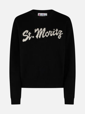 Woman black sweater Louise with St. Moritz rhinestones embellishment | ST. MORITZ TOP OF THE WORLD SPECIAL EDITION - MC2 Saint Barth