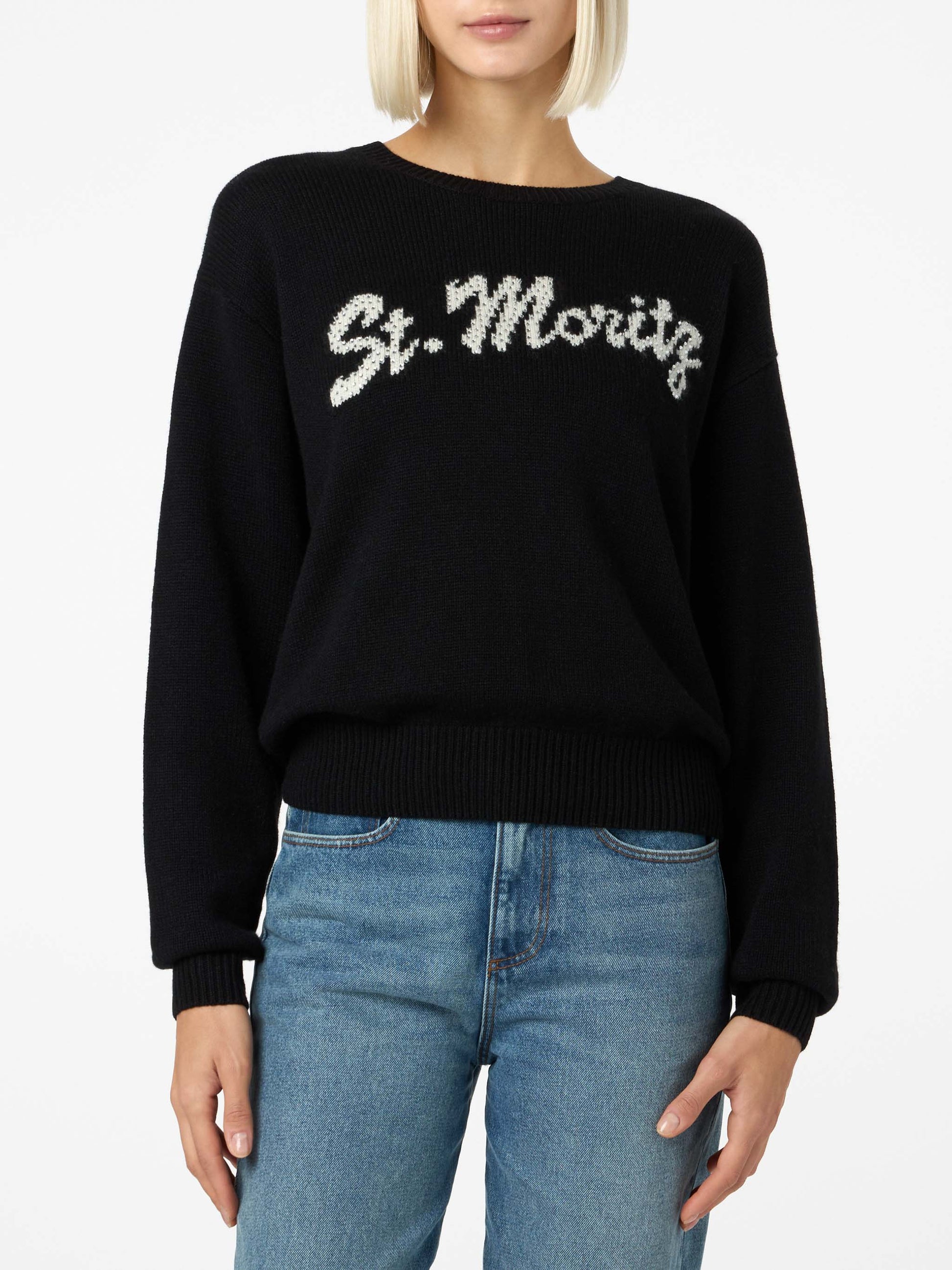Woman black sweater Louise with St. Moritz rhinestones embellishment | ST. MORITZ TOP OF THE WORLD SPECIAL EDITION - MC2 Saint Barth