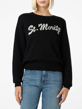 Woman black sweater Louise with St. Moritz rhinestones embellishment | ST. MORITZ TOP OF THE WORLD SPECIAL EDITION - MC2 Saint Barth