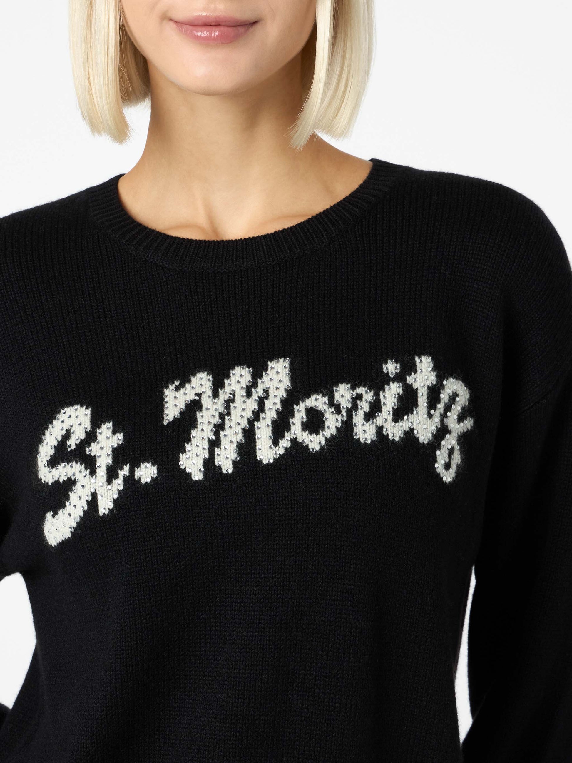 Woman black sweater Louise with St. Moritz rhinestones embellishment | ST. MORITZ TOP OF THE WORLD SPECIAL EDITION - MC2 Saint Barth